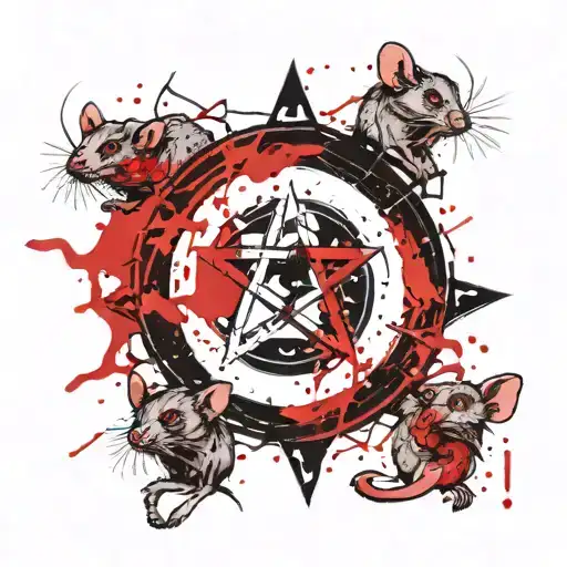 A Pentagram With 4 Rats Forming The Circle And Some Blood Splashes In The Background