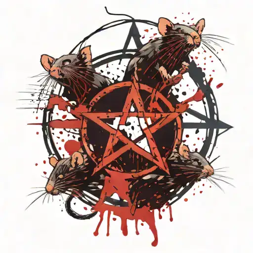 A Pentagram With 4 Rats Forming The Circle And Some Blood Splashes In The Background