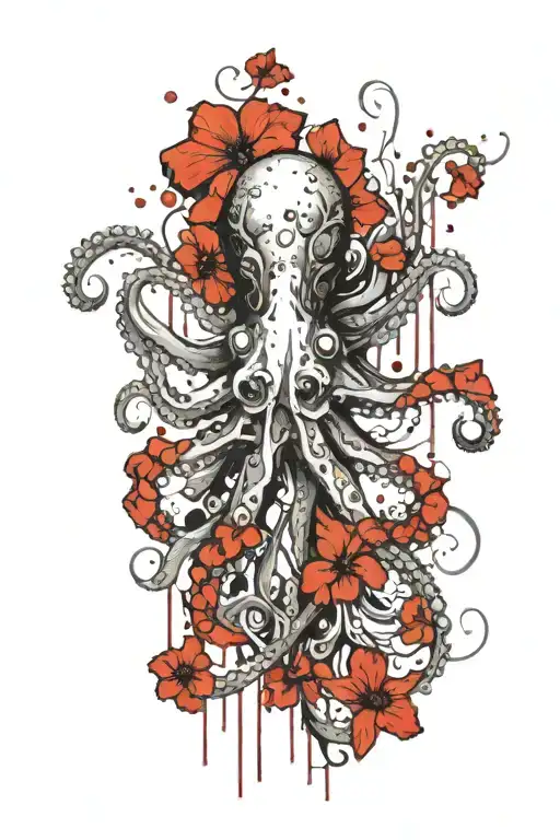 Octopus With Red Hibiscus Flowers