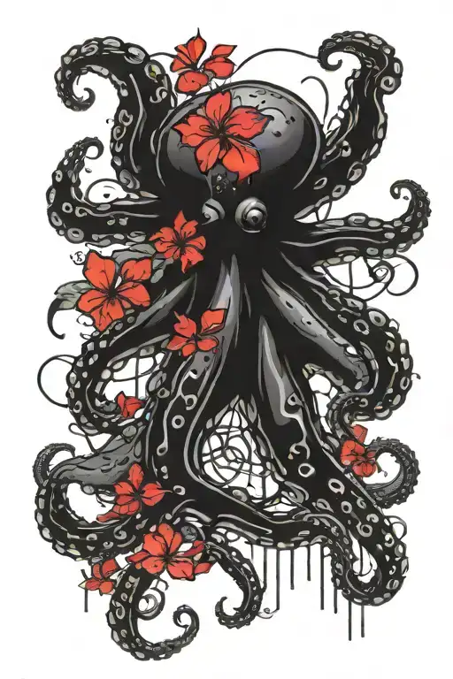 Octopus With Red Hibiscus Flower Surrounded
