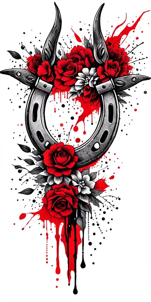 A Dotwork Tattoo Of A Horseshoe Surrounded By Spurs And Delicate Floral Elements