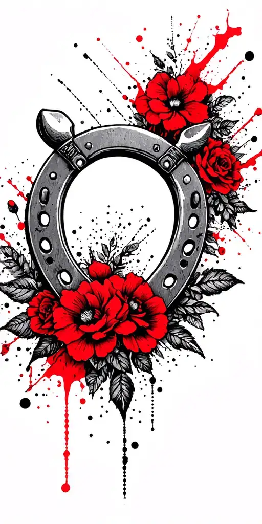 A Dotwork Tattoo Of A Horseshoe Surrounded By Spurs And Delicate Floral Elements