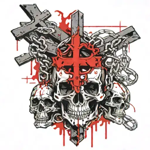 Chains Wrapped Around A Cross With Three Skulls Infront Of It