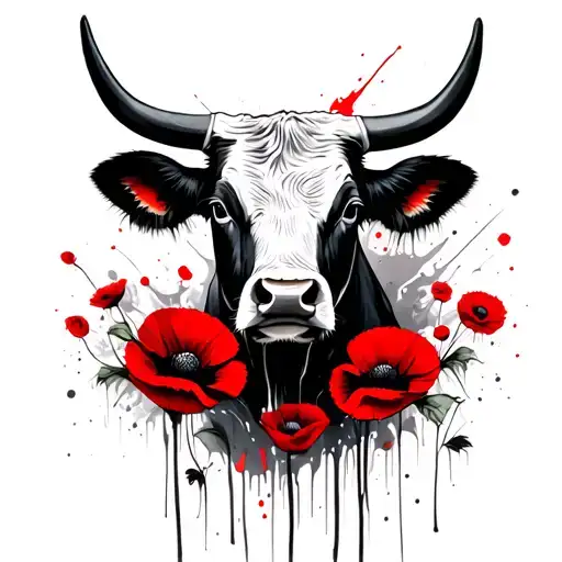 Hereford Bull Head With Poppys In The Background