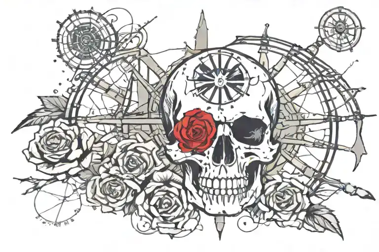 Skull Rose Flag And Ship Wheel