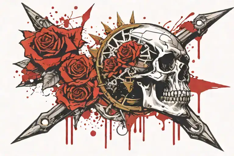 Skull Rose Flag And Ship Wheel
