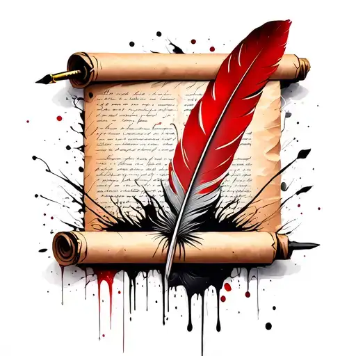 Feather Quill Pen Writing On A White Scroll Document Paper Manuscript With No Yellow On The Paper