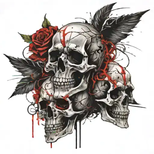 3 Skulls Infront Of A Complex Christian Cross With Roses
