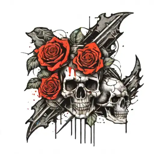 3 Skulls Infront Of A Complex Christian Cross With Roses