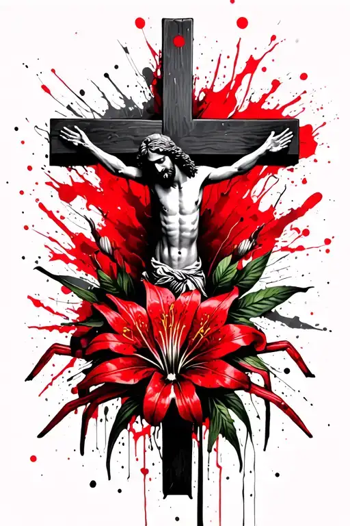 Jesus On The Cross With Red Spider Lily