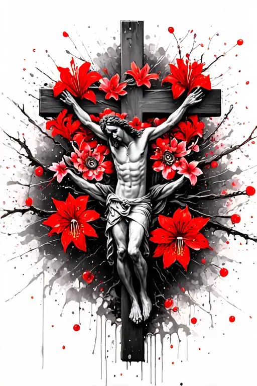 Jesus On The Cross With Red Spider Lilies And Cherry Blossoms