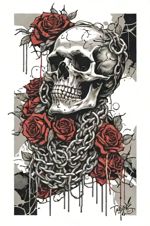 Male Skull And Roses Wrapped In Chains And Vines