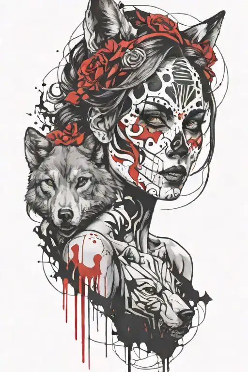Skulled Face Lady With The Wolf