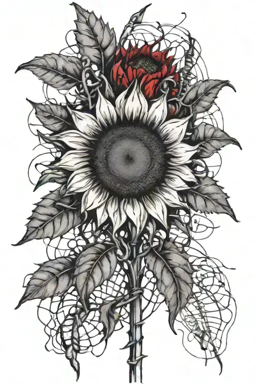 Half Wilted Half Bloomed Sunflower With Barbed Wire Stem