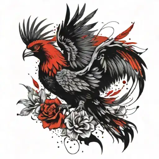 Flying Phoenix And Flowers Back Tattoo Design