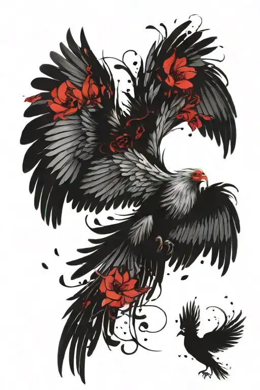 Peaceful Flying Phoenix With Wings Open And Flowers
