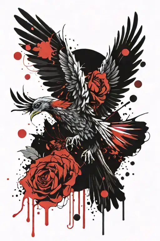 Light Peaceful Flying Phoenix With Wings Open And Flowers