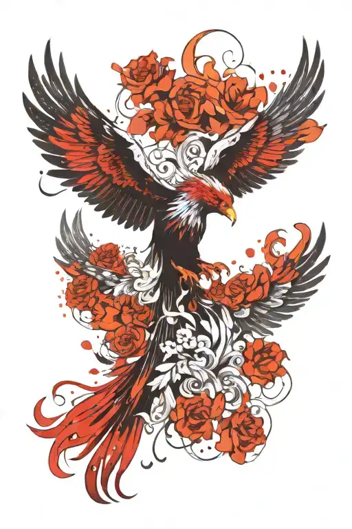 Peaceful Flying Phoenix With Wings Open Flames And Flowers