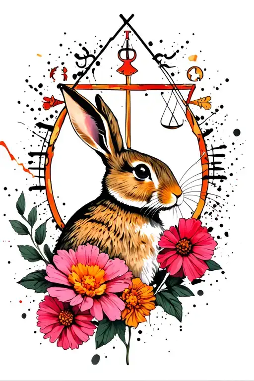 Marigolds And Cosmos In Pink And Orange With A Rabbit Libra Symbol