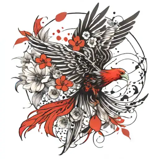 Flying Phoenix And Flowers