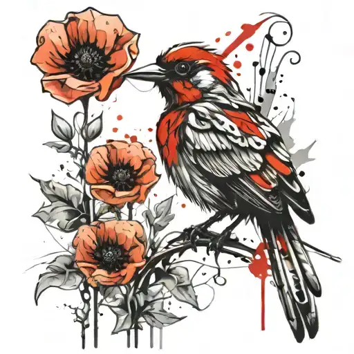 Skeleton Bird With Poppy