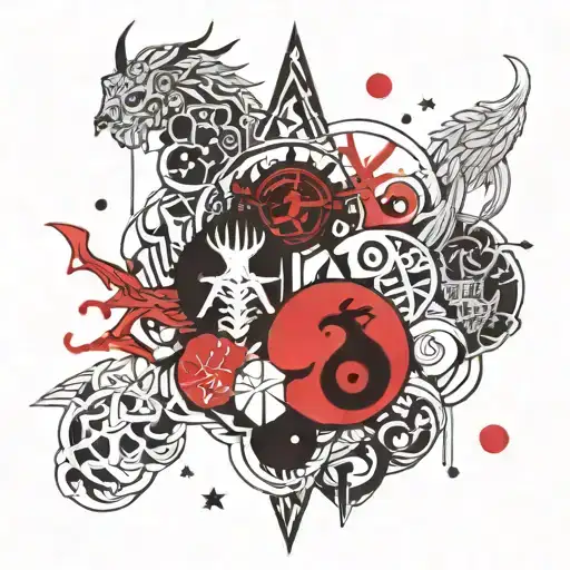 Norse Mythology Inspired Tattoo Depicting Five Elements Including Oden And Loki