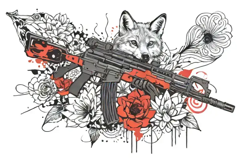 Ak-74m Assault Rifle Against The Background Of A Lotus Flower And A Fox