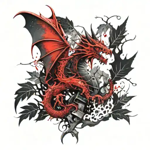 A Red Dragon Wrapped Around A Rowan Tree Tattoo
