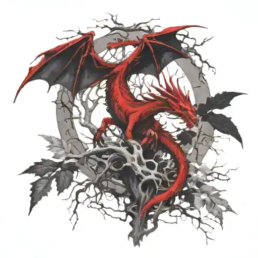 Red Dragon Wrapped Around The Roots Of A Rowan Tree Tattoo