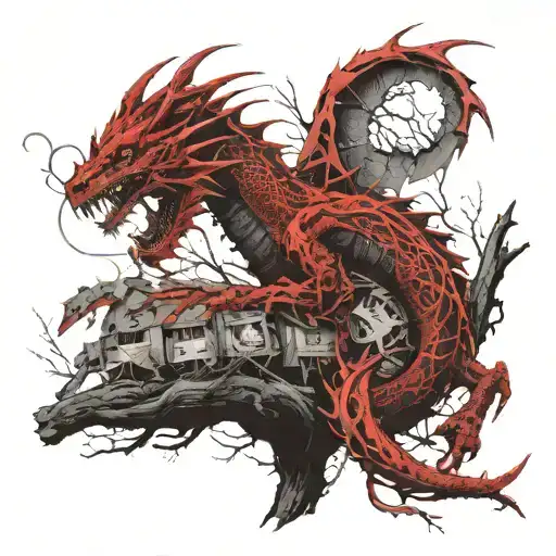 A Red Dragon Wrapped Around The Trunk Of A Rowan Tree