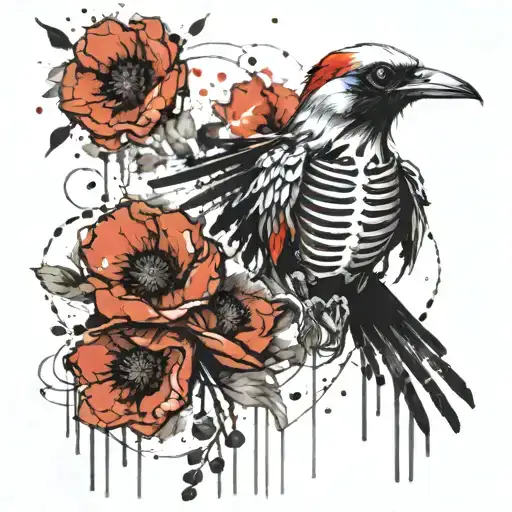 Skeleton Bird With Poppy