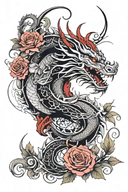 Asian Dragon With Roses And Moon