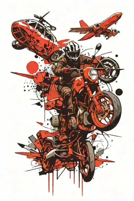 Motorcycle And Airplane Flying Over A World