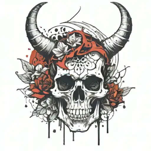 Crescent Moon Horned Skull With Lotus Flowers Intertwined