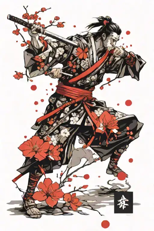 Japanese Samurai Standing Under A Blossom Tree