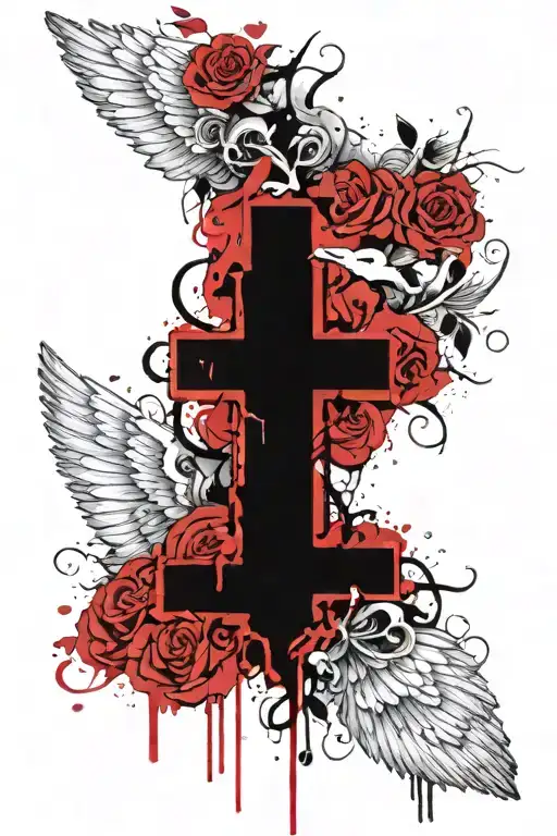 Black Cross With Angel Wings And Roses Growing