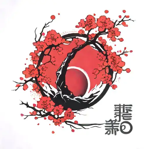 Cherry Blossom Tree Inside An Enso That Makes A Sun