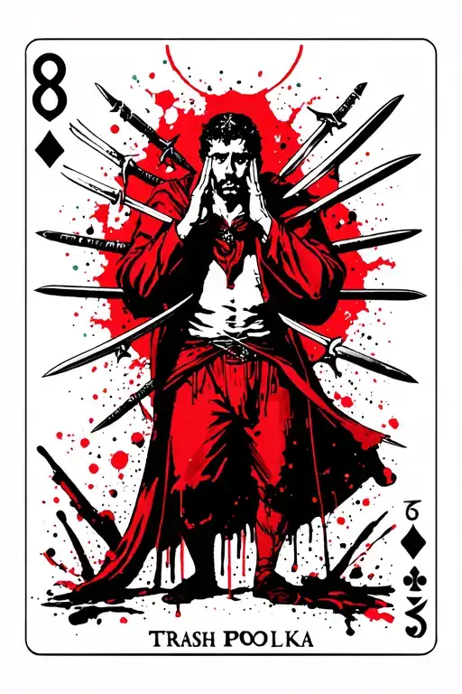 Tarot Card Depicting A Man With His Head In His Hands With 9 Swords Pointed Down At Him