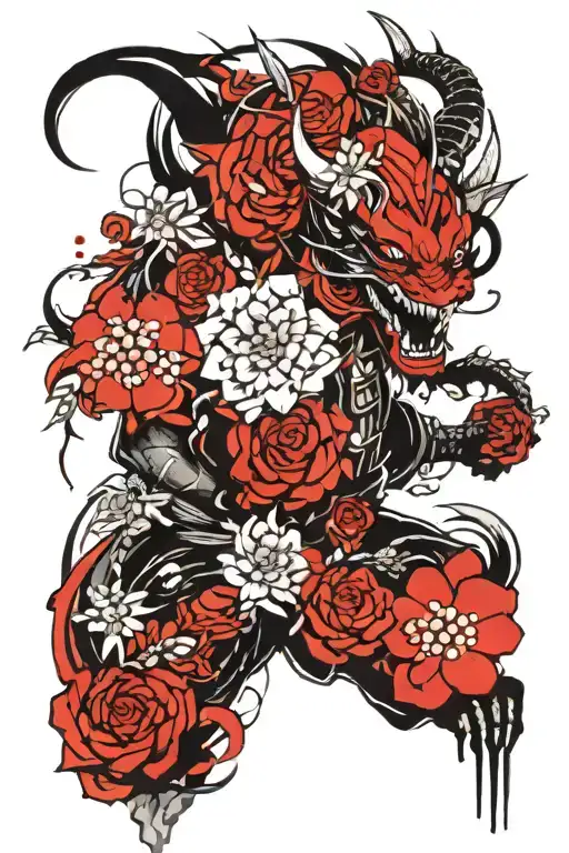 Samurai Demon Dragon With Flowers