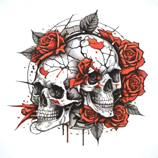 Skull With A Huge Disc Cut Into It Sorrounded By Thorny Roses