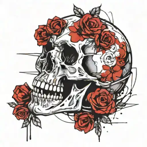 Skull With A Disc Cut Into It And Flowers Sorrounding It