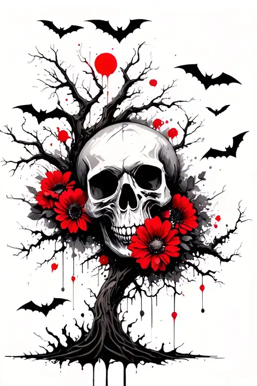 Tree Skulls Flowers Bats Flying By A Haunted
