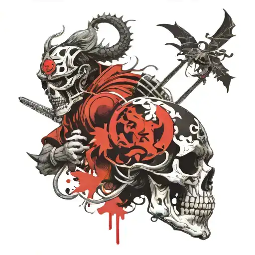 Asian Smoke Dragon And Samurai Skull Warrior