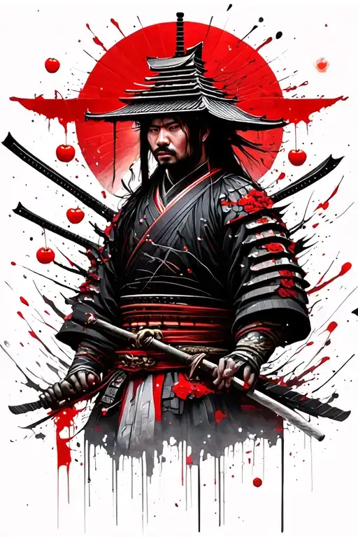 Samurai And Temple Surrounded By Cherry