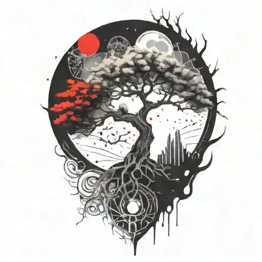 Bonsai Tree Of Life Sun And Moon Merging Together