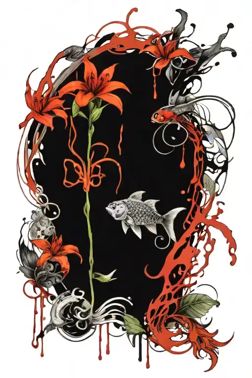 Red Spider Lilly Flower And Coy Fish Swimming