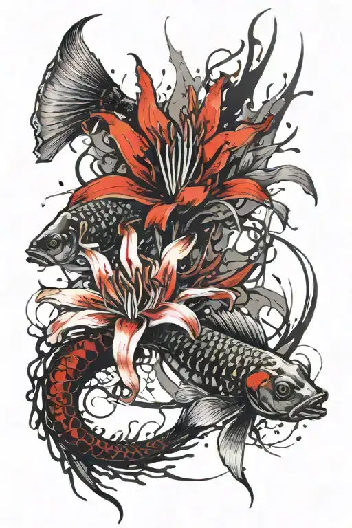 Red Spider Lilly Flower And 2 Coy Fish