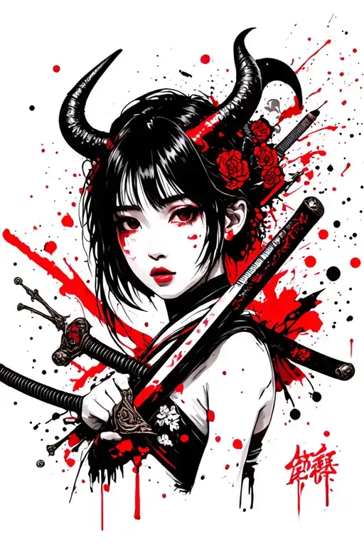Japanese Girl With Horn Holding Katana Sword