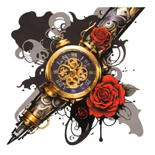 Purple And Black Swirl Tattoo Intertwined With A Steampunk Watch On The Forearm And Top Of The Hand