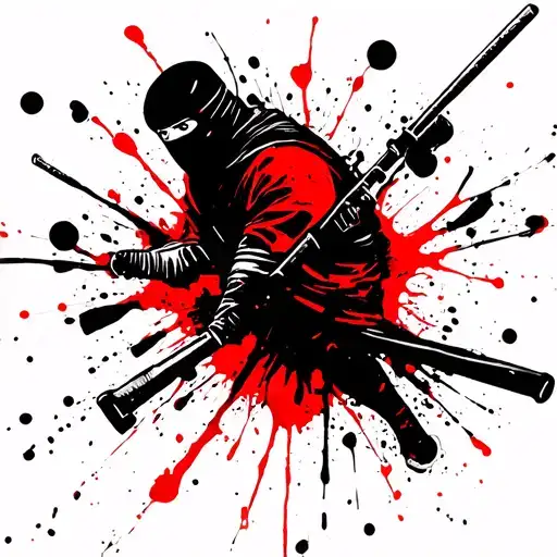 Splattered Ink Style Black And Grey Neo Japanese Traditional Stencil Of Ninja